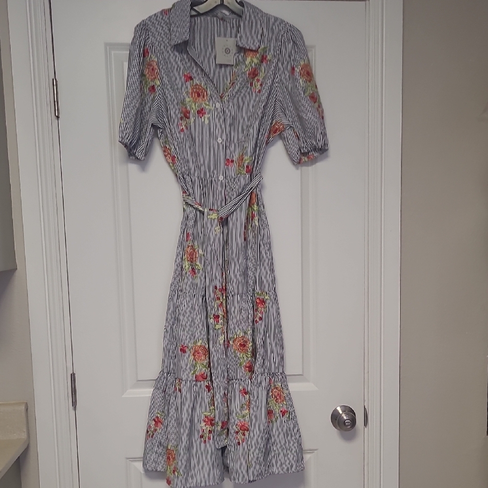 Blue Midi Sundress with Puff Sleeves and Notched Collar